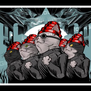 May include: An illustration featuring five cats in black jackets and red and black hats, standing in a row. One cat wears glasses. The background shows a cityscape and geometric shapes in shades of blue and grey.