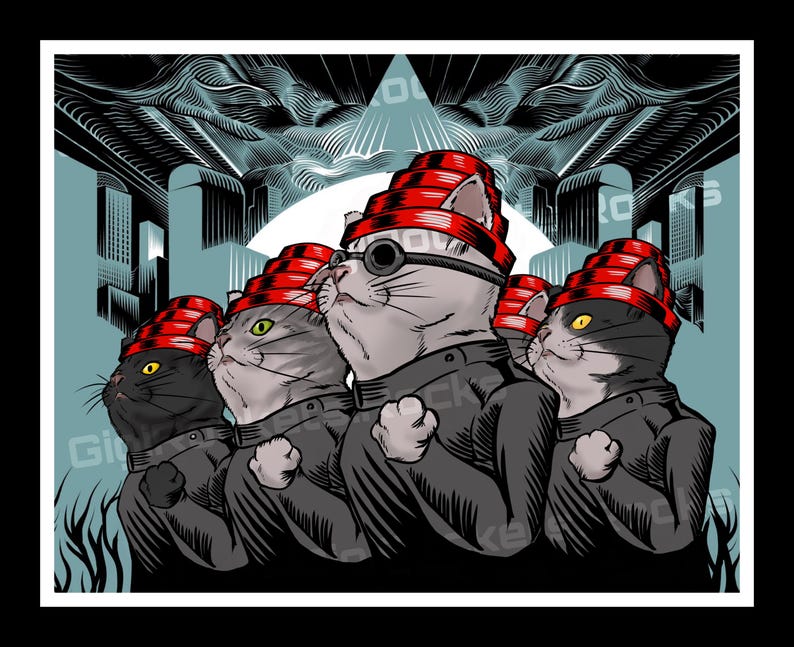 May include: An illustration featuring five cats in black jackets and red and black hats, standing in a row. One cat wears glasses. The background shows a cityscape and geometric shapes in shades of blue and grey.
