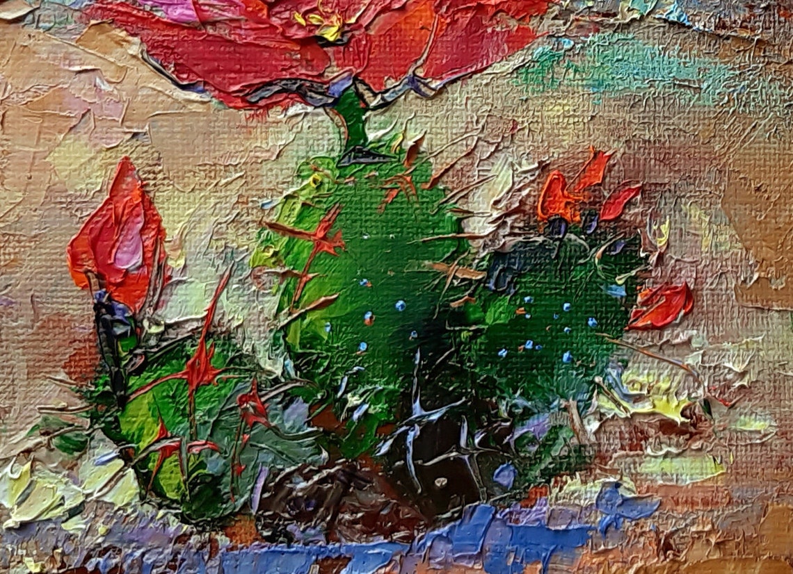 Prickly pear cactus painting original artwork. Floral oil | Etsy