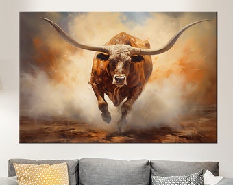 Texas Longhorn Canvas Print, Rustic Farmhouse Wall Decor