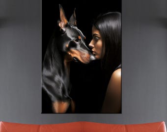 Woman and Doberman Canvas Print, Modern Black Elegant Dog Lover Gift, Luxury Minimalist Wall Decor, Fashion Inspired Art, Doberman Portrait