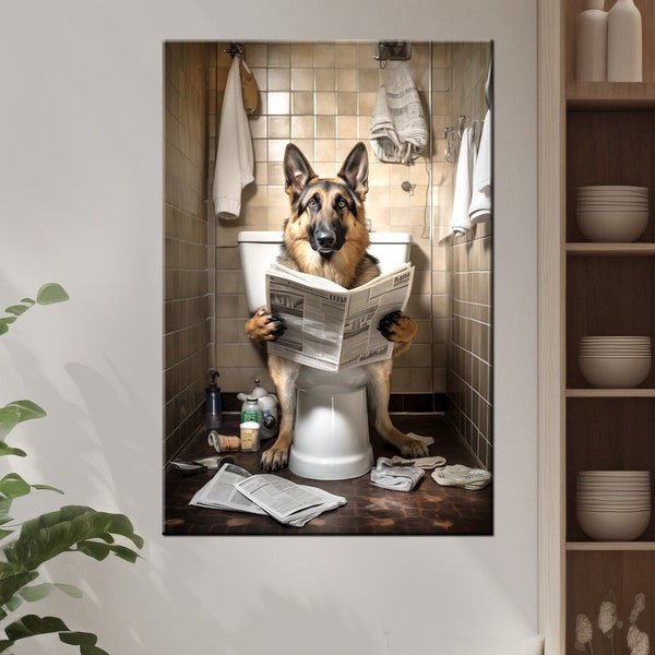 Impression de berger allemand, chien de berger lisant le journal dans la toile de toilette, art mural déco humour toilette, impression d'art mural humour animal