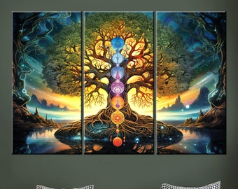 May include: A three-panel canvas print featuring a colorful tree of life with a chakra symbol design. The tree is surrounded by a blue sky with stars and a reflective lake. The tree has a thick trunk and roots, and the branches are full of leaves. The chakra symbols are arranged in a vertical line down the center of the tree.