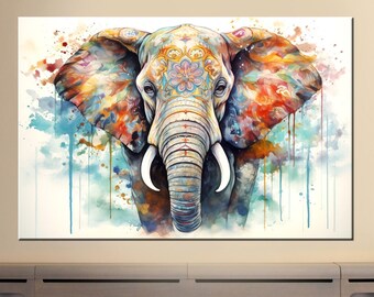 Watercolor Elephant Canvas Print, Elephant painting print, Watercolor elephant decor, Nursery Animal Painting, Colorful Elephant Prints