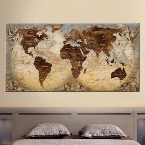 Vintage Watercolor World Map canvas, Canvas Travel Map, Detailed World Map, Brown World Map Canvas