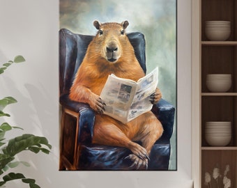 Capybara Reading Newspaper Canvas Print: Vintage Animal Portrait