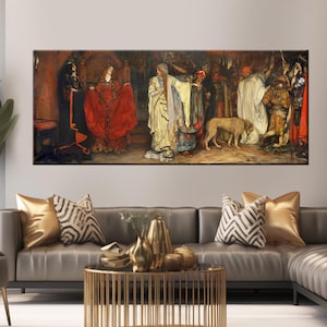 May include: A large rectangular canvas print of a historical painting depicting a gathering of figures in ornate robes. The artwork features a central figure in a red gown, surrounded by others in white, gold, and black attire. A dog is present. The painting hangs above a gray sofa.