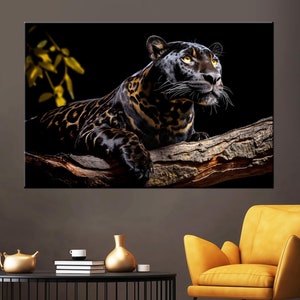 Black Panther Canvas, Gold Panther Painting Print, Animal Print Wall Decor, Wildlife modern art, Large canvas art