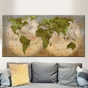 toile carte du monde vintage, carte de voyage en toile, carte du monde détaillée, toile de carte du monde olive
