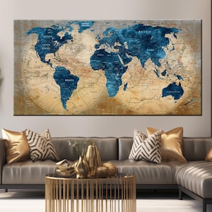 toile carte du monde bleue vintage, impression sur toile de carte de voyage, carte du monde détaillée, toile de carte du monde aquarelle, décoration de bureau, décoration d'agence de voyage
