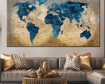 Vintage Blue World Map canvas, Travel Map Canvas Print, Detailed World Map, Watercolor World Map Canvas, Office decor, Travel agency decor