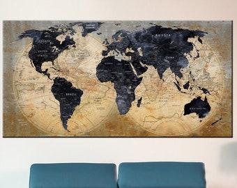Vintage World Map Print, Travel Map Decor, Detailed World Map, Dark Blue World Map Canvas, Dark Blue Travel Wall Decor