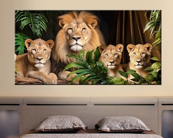 Lion Family Canvas Print, Majestic Wildlife Wall Decor, African Art
