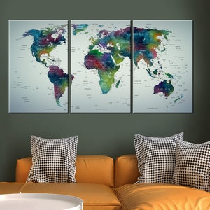 Toile carte du monde aquarelle, carte de voyage en toile, carte du monde détaillée, toile carte du monde colorée