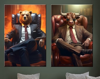 May include: Two framed canvas prints of a bear and a bull wearing suits and sitting in leather chairs. The bear is wearing a red tie and the bull is wearing a red tie. The background is a blurry image of a city.
