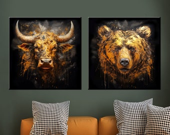 Bull and Bear Stock Market Canvas Print, Golden Decor, 2 Panel Set