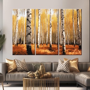 Golden Birch Forest Painting Print, Autumn Woodland Canvas Print, Fall Birch Tree Landscape, Scandinavian Nature Decor, Warm Yellow Wall