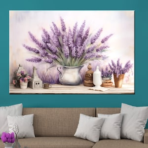 Serene Lavender Canvas Print for Rustic Farmhouse Vibes, Lavender bouquet painting print, Watercolor Lavender wall, Rustic Farmhouse Decor
