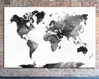 Black and White World Map, Large black and white world map, World Travel Map, large world map, canvas art 3 panel.