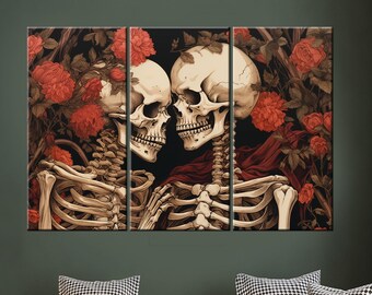 Skeletons in Flowers Canvas Art: Gothic Halloween Home Decor