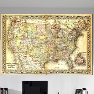 toile de carte vintage des États-Unis, carte vintage des États-Unis, carte de l'ancien État au bureau, décoration ancienne carte de l'Amérique
