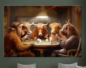 Highland Cow Playing Poker Canvas Print, Cows playing cards Wall Art, Card game Wall Decor, Farmhouse Decor, Scottish Highland cattle print