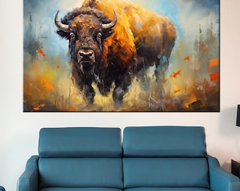 American Bison Canvas Print, Colorful Buffalo print, farmhouse decor wall art, rustic home decor, Buffalo abstraction painting print, Rustic