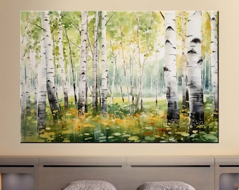 Birch Tree Canvas, Birch Forest Painting Print, Forest Landscape Wall Decor, Winter Autumn Birch Grove Wall Art Decor, Birch Tree watercolor