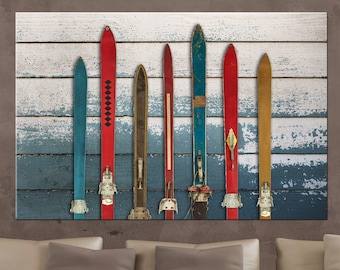 Vintage Skis Canvas, Wooden Skis Wall Art, Old Skis Wall Decor, Winter Sports Print