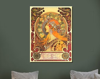 May include: A vintage art nouveau poster featuring a woman with flowing hair adorned with flowers and leaves. The poster is in shades of yellow, orange, red, and green.