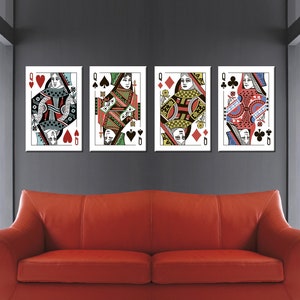 Jeu de 4 panneaux d'art mural Queens, impression de cartes, art déco Queens, décoration de salle de poker, jeu de 4 panneaux