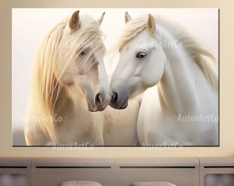 White Horse Couple Canvas Print | Horse Love Wall Art | Equestrian Bedroom Decor | Farmhouse Horse Art | Horse Lover Gift