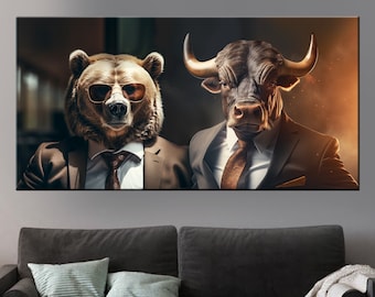 Bull and Bear Wall Art, Office decor, Market Exchange modern print, Trader canvas, Gift for a businessman, Bear large canvas