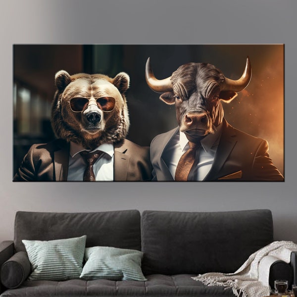 Bull and Bear Wall Art, Office decor, Market Exchange modern print, Trader canvas, Gift for a businessman, Bear large canvas