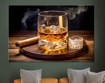 Whiskey Canvas Print, Whiskey Glass Cigar Wall Art, Man Cave Wall Decor, Drink Cigar Art Print
