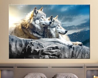 Home Decor With Wild Wolves, Pair Of Wolves Original Painting, Realism Animals Art On Canvas, Wild Nature Artwork, Wolves Large Wall Art