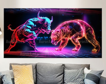 Neon color Bull and Bear Wall Art, Office decor, Market Exchange modern print, Trader canvas, Gift for a businessman, Bear large canvas