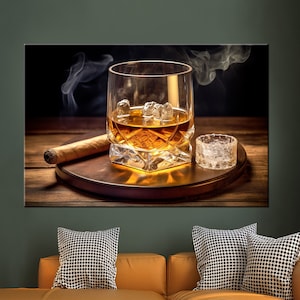 Whiskey Canvas Print, Whiskey Glass Cigar Wall Art, Man Cave Wall Decor, Drink Cigar Art Print