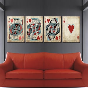 Jeu de cartes à jouer vintage coeurs 4 panneaux d'art mural, impression décoration de cartes, art mural King Ace déco, décoration de salle de poker, 4 PANNEAUX