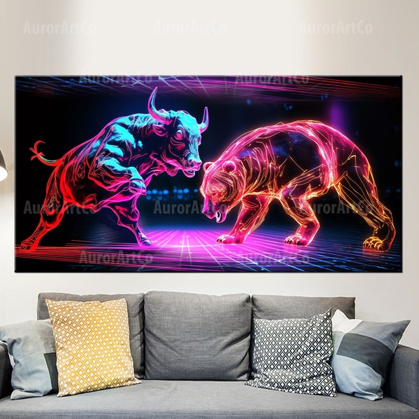 Neon color Bull and Bear Wall Art, Office decor, Market Exchange modern print, Trader canvas, Gift for a businessman, Bear large canvas