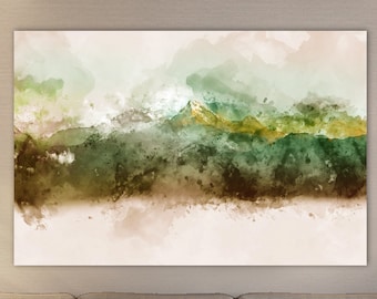 Watercolor mountain canvas, Abstract mountain wall art, Abstract painting decor, Green Large mountain print, Modern wall art for gift
