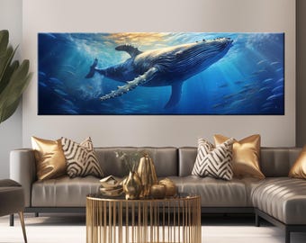 Blue Whale Canvas Print, Ocean Underwater Scene, Nautical Wall Art