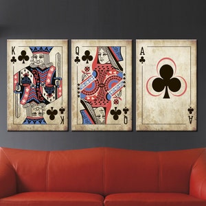 Art mural de cartes à jouer du roi et de la reine Treff, impression vintage de cartes, art déco murale roi et as, décoration de salle de poker, lot de 3 panneaux