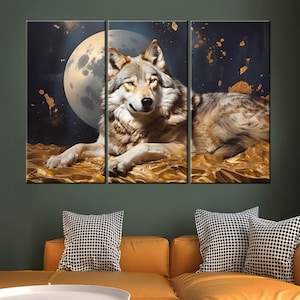 Wolf on Moon Canvas Print, Wolf Painting painting print, Modern Wildlife Wall Art, Wolf night sky moon mystic painting print