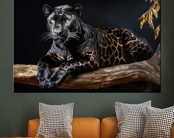 Gold Panther Painting Print, Black Panther Canvas Prints, Majestic Black Panther Wall Decor, Wild Cat Painting, Wildlife Home Wall Decor