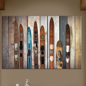 Water Vintage Wooden Skis Canvas, Water Wooden Skis Wall Art, Water Old Skis Wall Decor, Sports Print