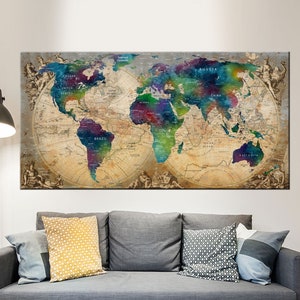 carte du monde aquarelle vintage, carte de voyage en toile, carte du monde détaillée, toile colorée de carte du monde