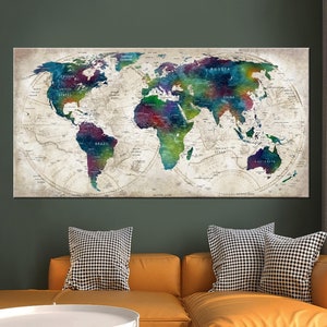 toile de carte du monde vintage, cadeau voyageur, carte du monde détaillée, toile de carte du monde aquarelle, décoration murale de salon, cadeau de pendaison de crémaillère