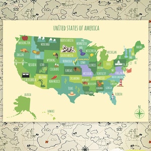 Carte des États-Unis pour enfants, carte de l'école des États-Unis, carte des États-Unis pour la maternelle, décoration de chambre d'enfants des États-Unis, impression des États-Unis