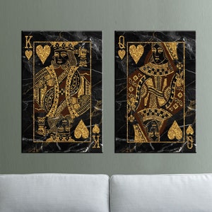 Art mural roi et reine jouant aux cartes dorés, impression sur toile roi, décor imprimé poker, lot de 2 panneaux